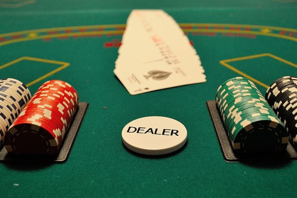 Rack de jetons du croupier sur une table de casino verte, avec le bouton dealer et un paquet de cartes étalé